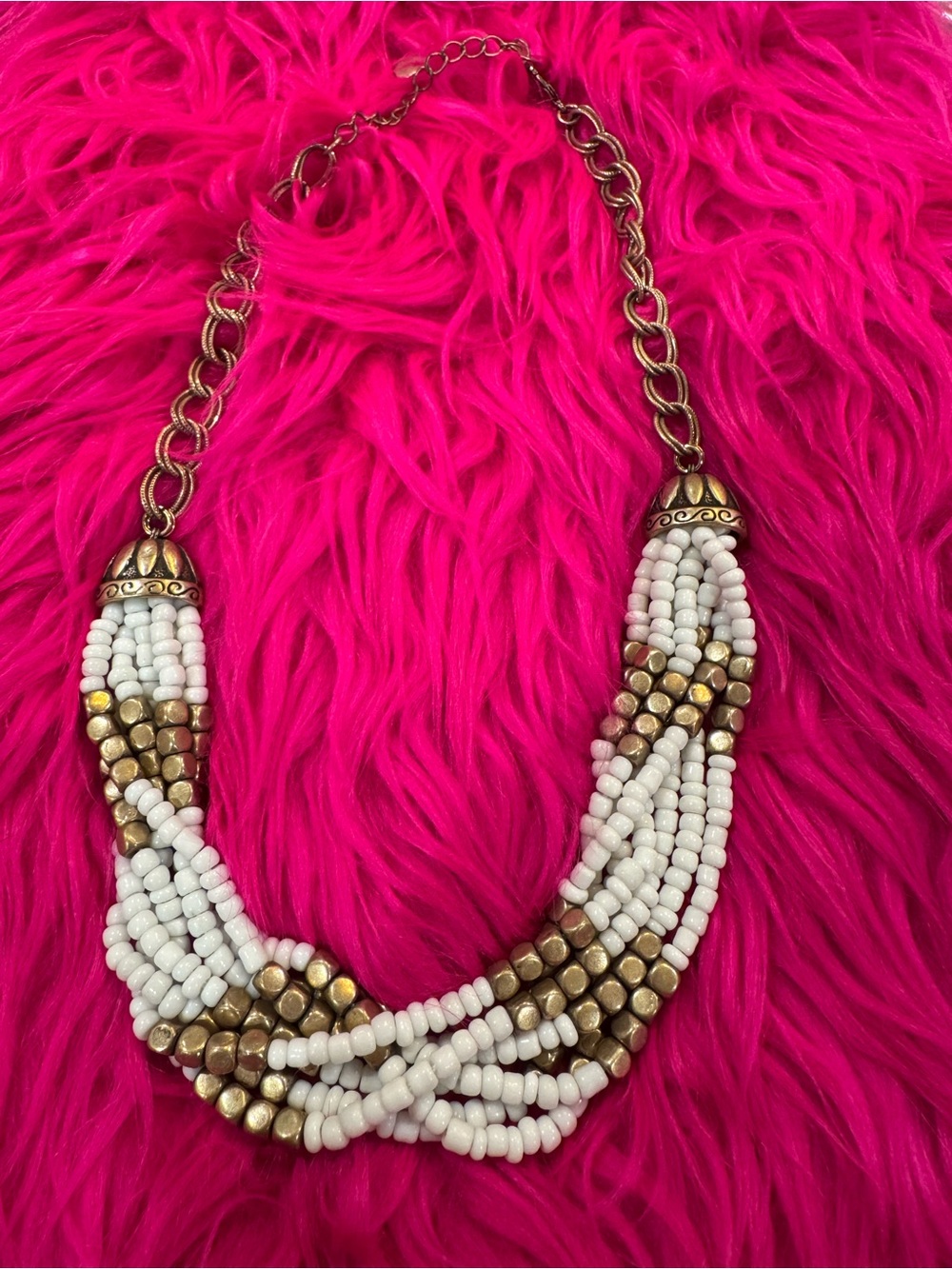 Park Lane White and Gold Braided Beaded Necklace